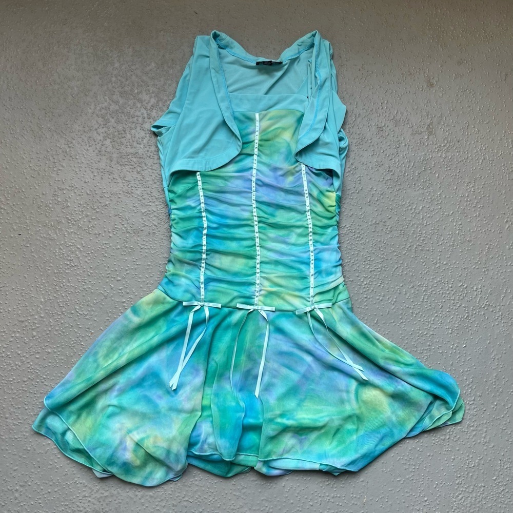 BCXgirl‎ Tie Dye Dress Shrug Set Ruched Corset Sheer Overlay Size 16